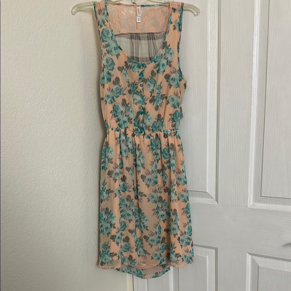 Floral Scoop Neck Sleeveless Dress in Peach and Teal